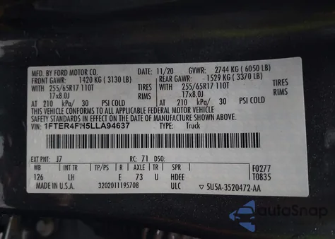 2020 Ford Ranger Xl z USA, uszkodzony, nr VIN 1FTER4FH5LLA94637